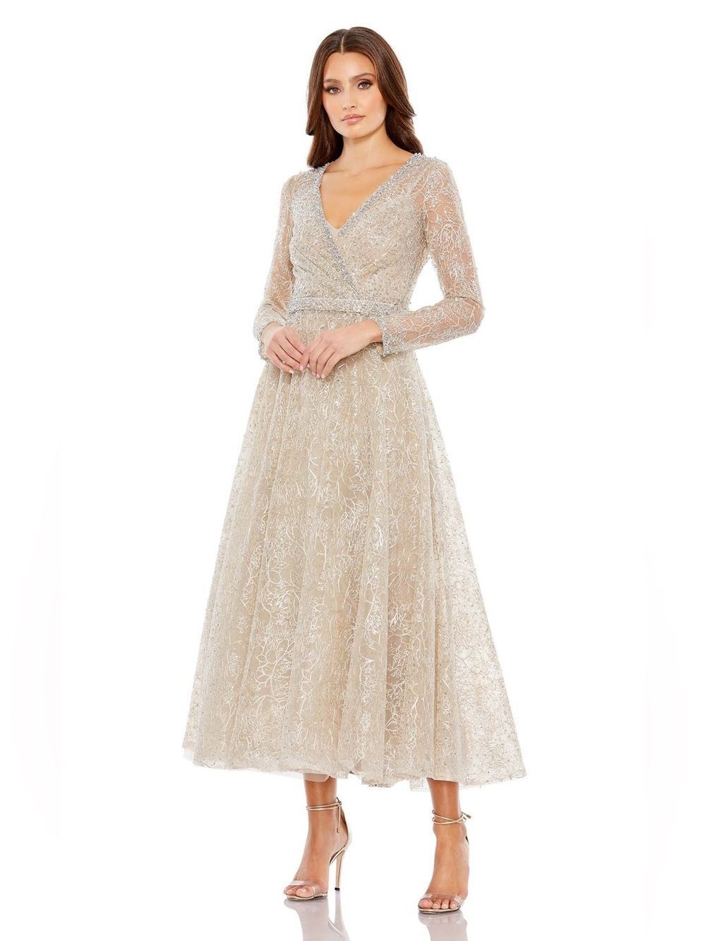 Mac Duggal Champagne Lace Long-Sleeve V-Neck A-Line Gown